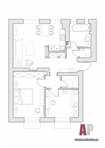 Планировка 3-х комнатной квартиры для отдыха в историческом центре Москвы.
