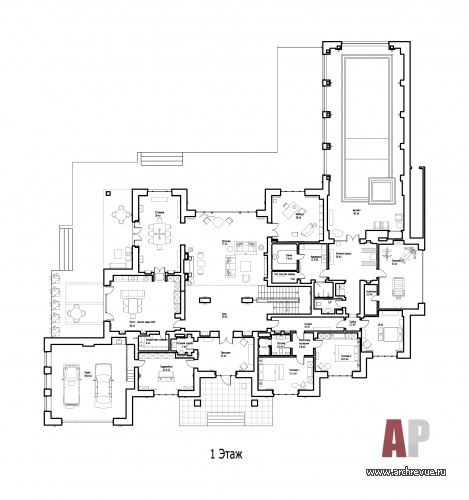 Планировка 1 этажа 3-х этажной резиденции для большой семьи.