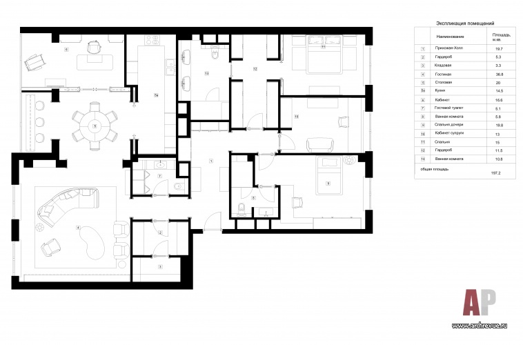 План объединения двух квартир. Общая площадь – 200 кв. м.