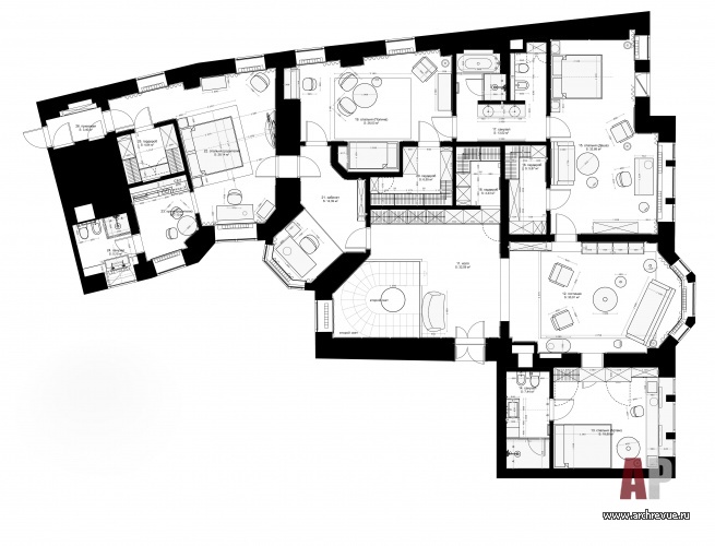 Планировка 2 этажа 2-х уровневой квартиры для большой семьи в центре Москвы.