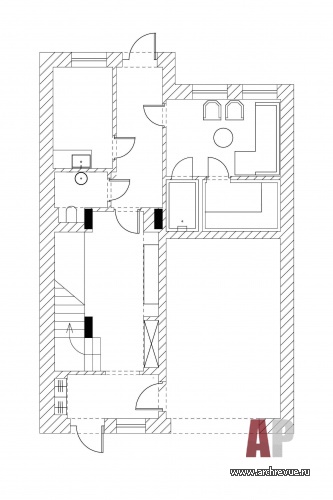 Планировка 1 этажа маленького 3-х этажного танухауса площадью 290 кв. м.