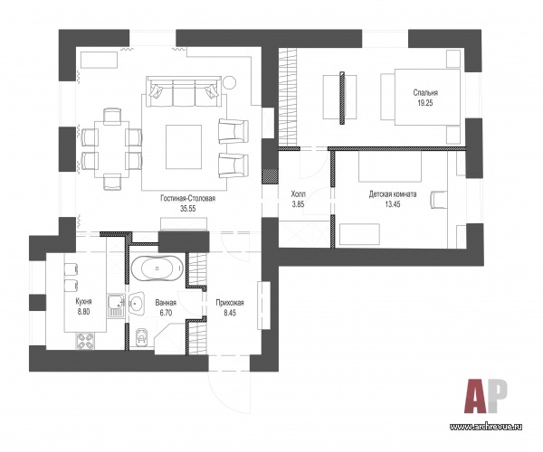 Планировка 3-х комнатной квартиры, образованной из 4-х комнатной коммуналки в старом жилом фонде.