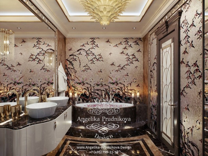 Дизайн-проект интерьера ванной комнаты в стиле ар-деко на Большой Пироговской