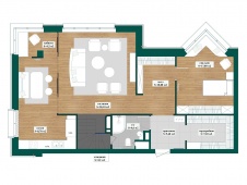 Планировка 1 этажа 2-х уровневой квартиры для семьи с ребенком.