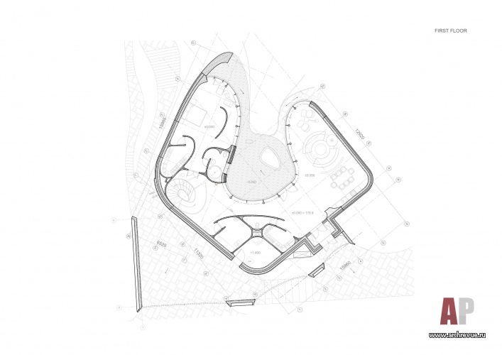 Планировка 1 этажа 2-х этажного дома, вписанного в ландшафт.