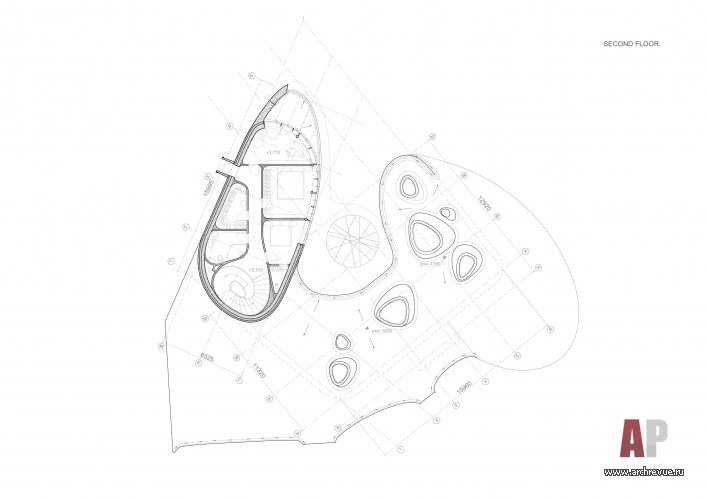 Планировка 2 этажа 2-х этажного дома, вписанного в ландшафт.
