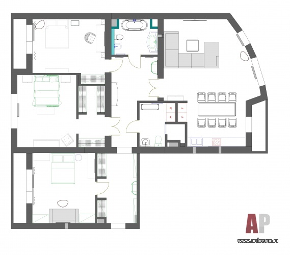Планировка двух объединенных квартир в монолитно-кирпичном доме.