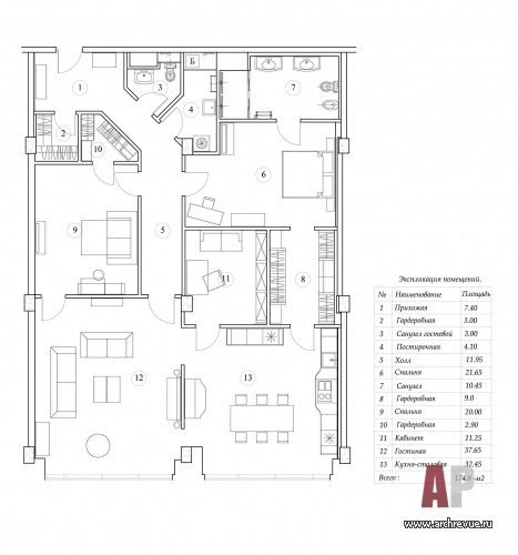 Планировка большой квартиры со сложной планировкой без окон в спальнях.