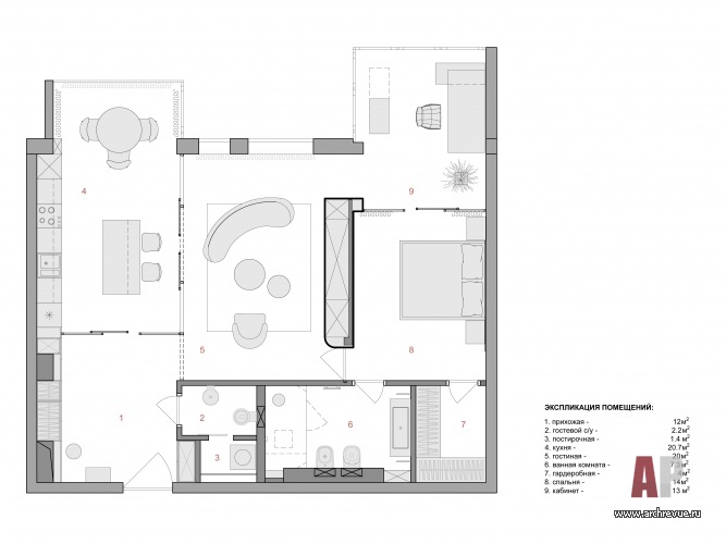 Планировка небольшой квартиры с условным зонированием.