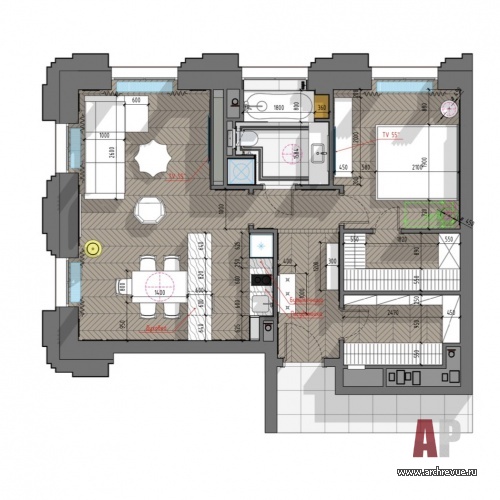 Планировка 2-х комнатной квартиры для яркой девушки-стилиста.