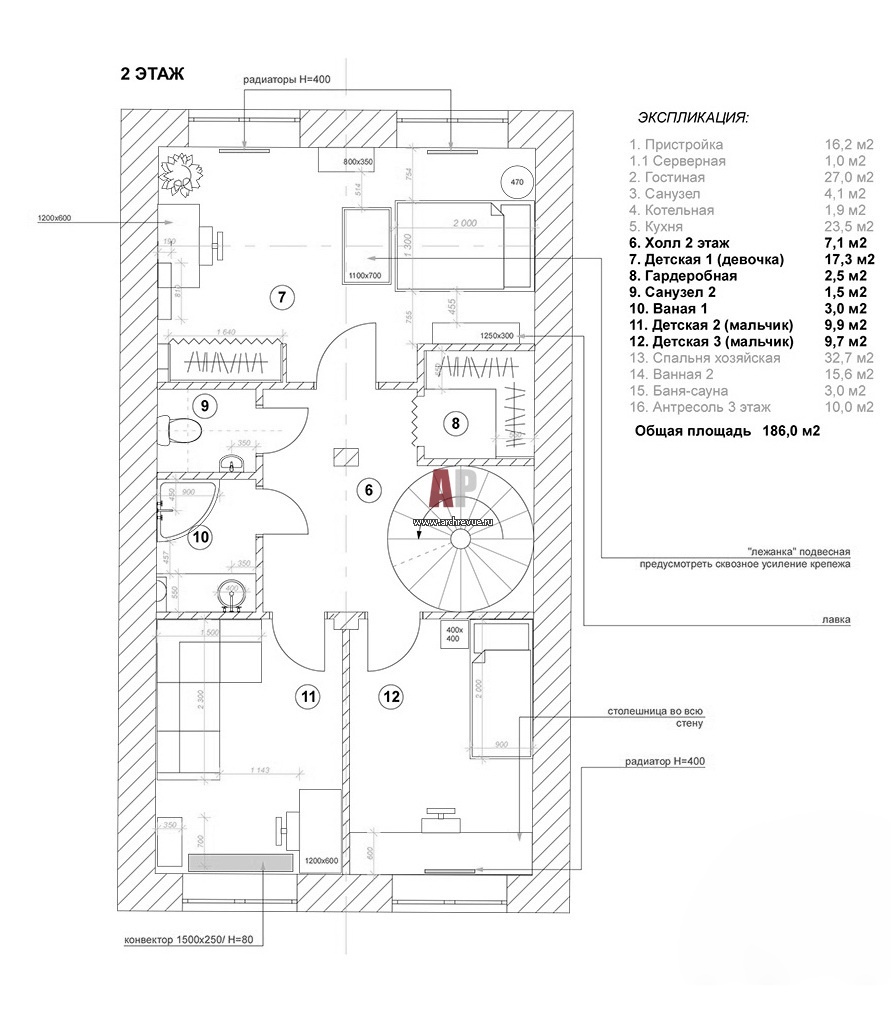 Планировка 2 этажа 3-х этажного танухауса для большой семьи.