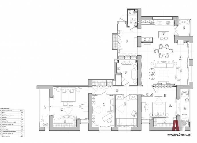 Планировка большой семейной квартиры в классической анфиладой из кухни-столовой и гостиной.