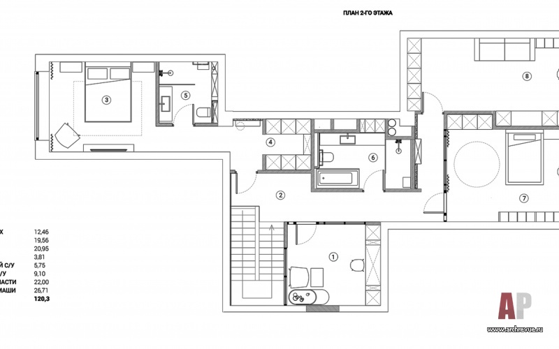 Планировка 2 этажа 2-х этажной квартиры с тремя санузлами в Хамовниках.