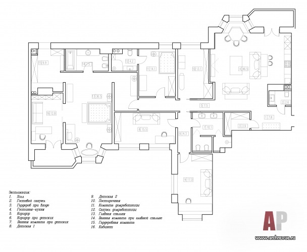 Планировка большой квартиры с четырьмя спальнями.