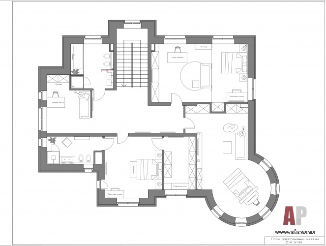 Планировка 2 этажа кирпичного дома с высокой мансардой.