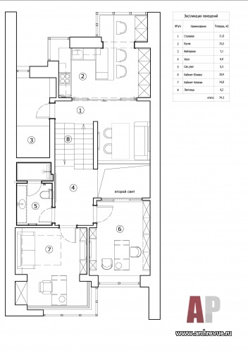 Планировка 2 этажа 3-х этажного танухауса в Барвихе.