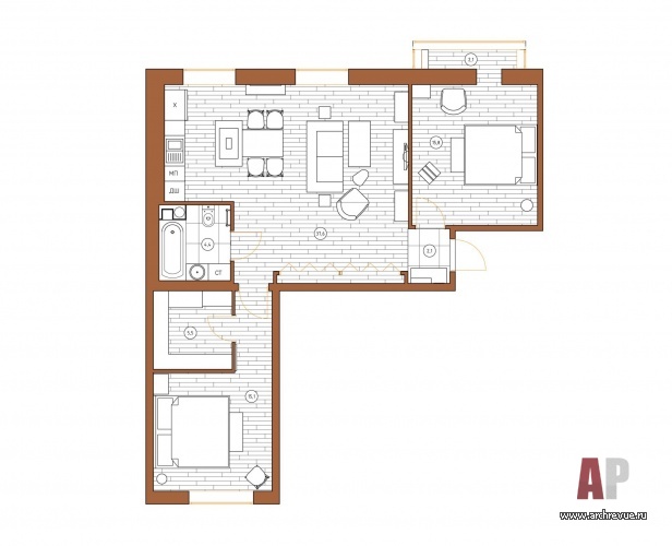 Планировка маленькой «трешки» для девушки с двумя собаками.