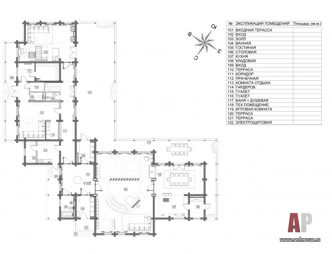 Планировка 1 этажа 2-х этажного дома из кедрового бруса в Белокурихе.