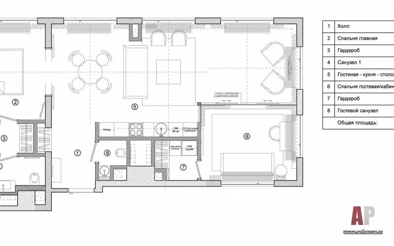 Авторская планировка квартиры с двумя спальнями в панорамной высотке.
