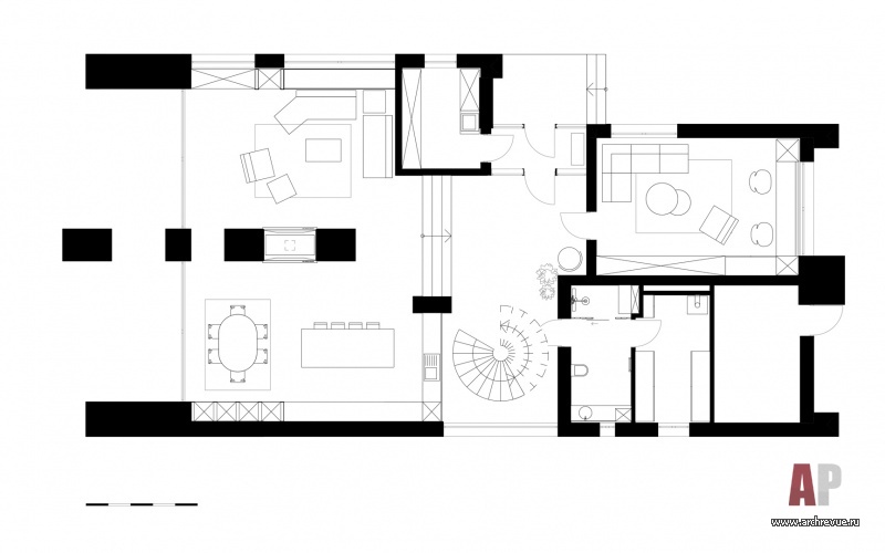 Планировка 1 этажа 2-х этажного семейного дома с панорамным остеклением.