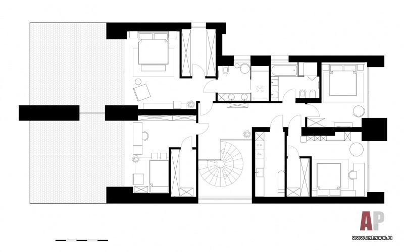 Планировка 2 этажа 2-х этажного семейного дома с панорамным остеклением.