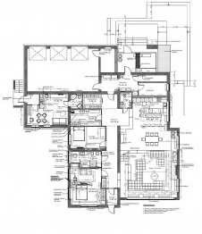 Планировка 1 этажа 2-х этажного современного дома с панорамными окнами и вторым светом.
