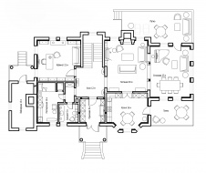 План 1 этажа 3-х этажного дома с эркерами и мансардой.