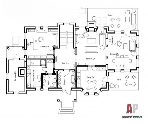 План 1 этажа 3-х этажного дома с эркерами и мансардой.