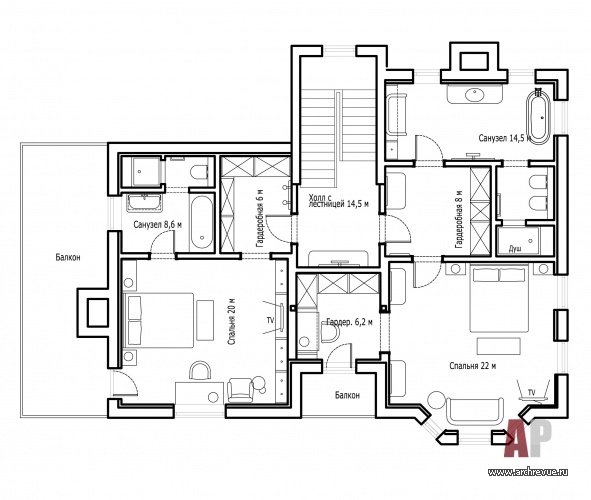 План 2 этажа 3-х этажного дома с эркерами и мансардой.