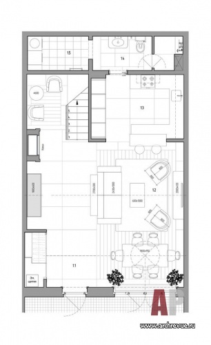 Планировка 1 этажа 3-х этажного танхауса в ЖК «Рассвет Loft Studio».