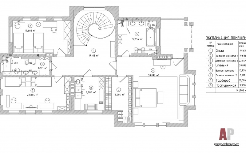 Планировка 2 этажа 2-х этажного дома по индивидуальному проекту для большой семьи.