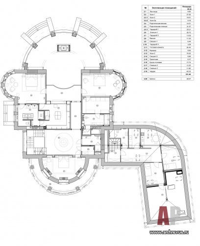 Планировка 2 этажа 3-х этажного особняка в Подмосковье.