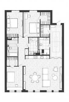 Планировка квартиры 163 кв. м с тремя спальнями и общей гостиной-кухней.