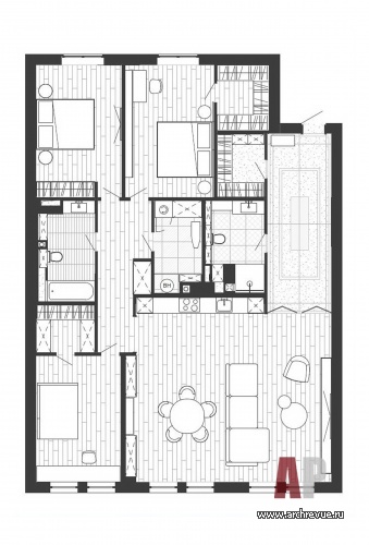 Планировка квартиры 163 кв. м с тремя спальнями и общей гостиной-кухней.