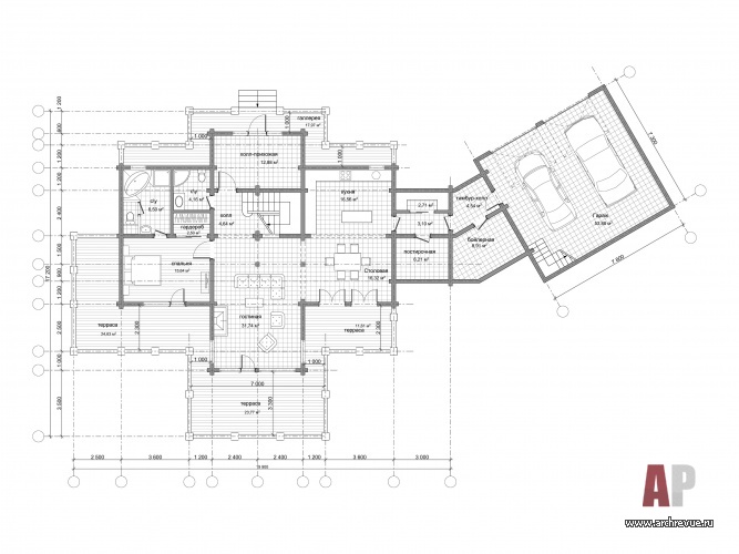 Планировка 1 этажа 2-х этажного дома из клееного бруса.