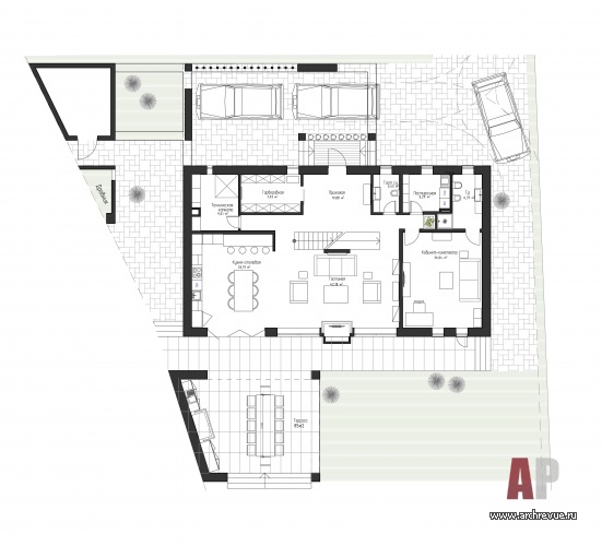 Планировка 1 этажа 2-х этажного дома с современной архитектурой.