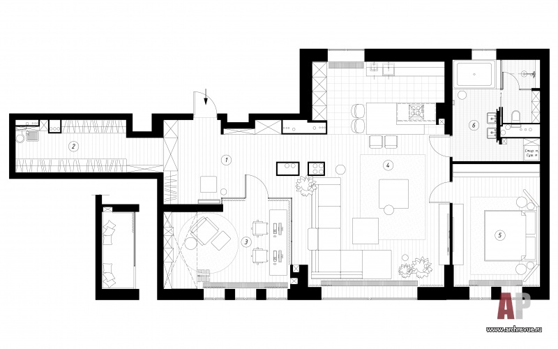 Планировка 3-х комнатной квартиры, созданной путем объедения трех отдельных апартаментов.