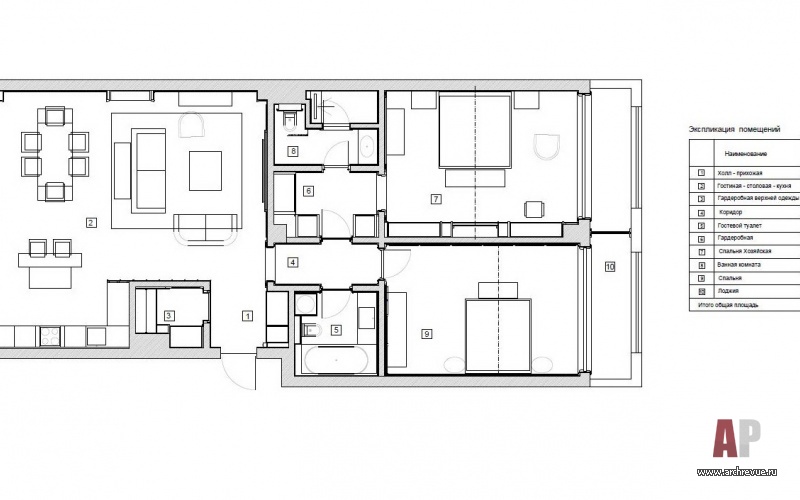Планировка гостевой квартиры с двумя спальнями, 130 кв. м.