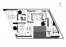 Планировка небольшого дома-павильона в стиле минимализм.