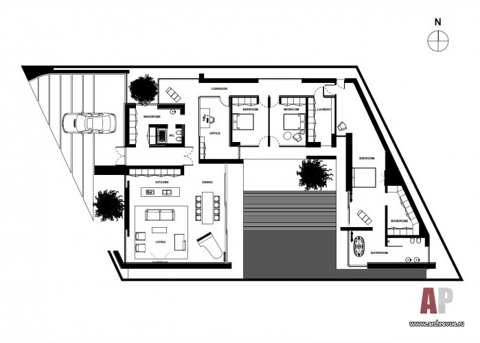 Планировка небольшого дома-павильона в стиле минимализм.