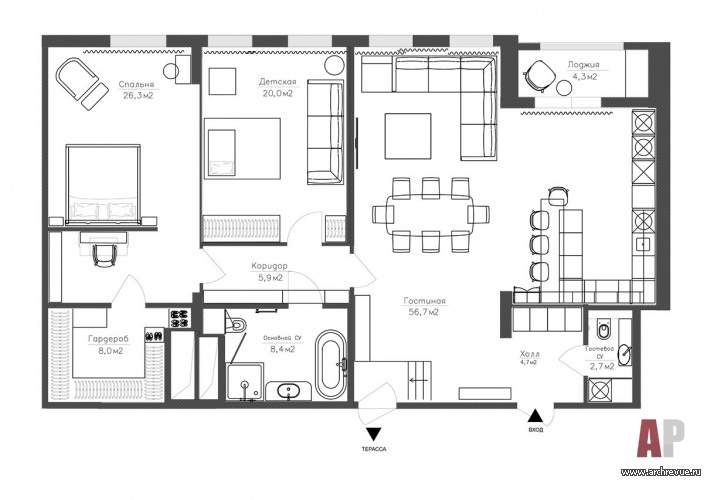 План 3-х комнатной квартиры в центре Москвы у реки.