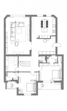 Планировка 1 этажа большой 2-х этажной квартиры для семьи.