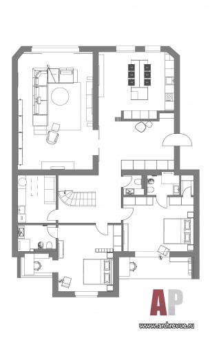 Планировка 1 этажа большой 2-х этажной квартиры для семьи.