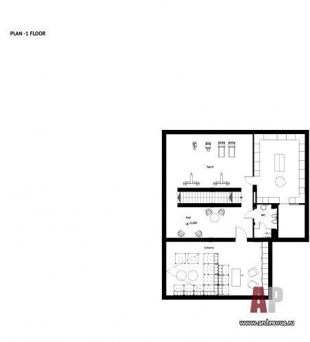 Планировка минус первого этажа 3-х этажного дома с авторской архитектурой под Кишиневом.
