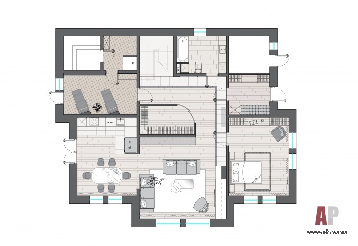 Планировка 1 этажа маленького 2-х этажного дома для семьи с ребенком.