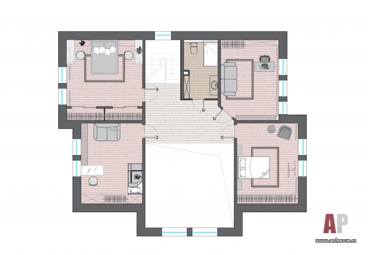 Планировка 2 этажа маленького 2-х этажного дома для семьи с ребенком.