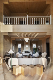 Фото интерьера гостиной деревянного дома в стиле фьюжн