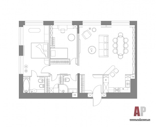 Планировка необычной 3-х комнатной квартиры для семьи с ребенком в новостройке.