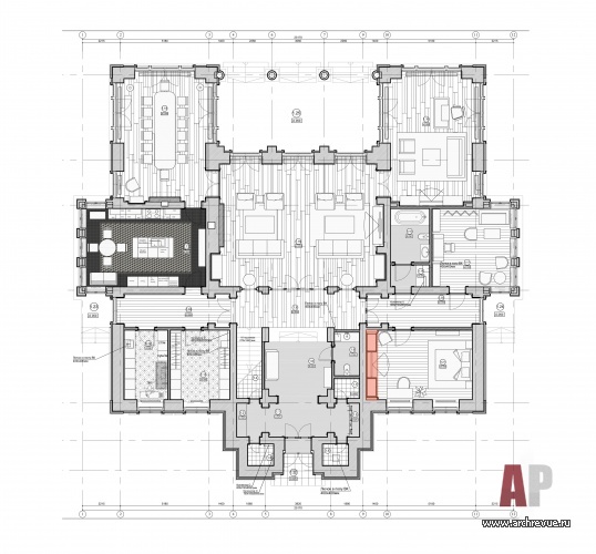 Планировка 1 этажа 2-х этажного традиционного дома в Подмосковье.