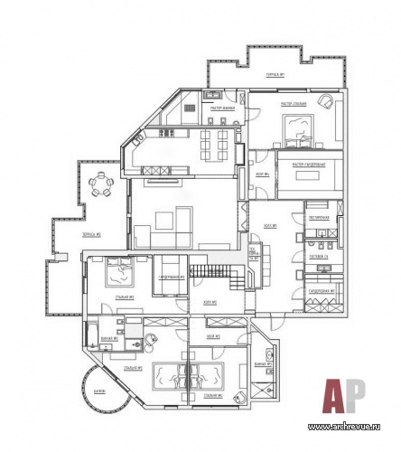 Планировка 2-х этажных апартаментов на море с открытой террасой на крыше. Жилая площадь – 300 кв. м. Площадь террасы – 180 кв. м.